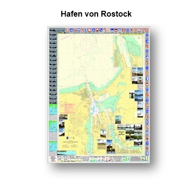 Hafen von Rostock. (ist auch als Leuchtkarte erhältlich.) mit Erklärung der Verbots -und Gebotsschilder und Betonnung,  Lichterführung der Seefahrzeuge und die Leuchttürme/Feuer der Seekarte. Größe ca. 90cm x 120cm.